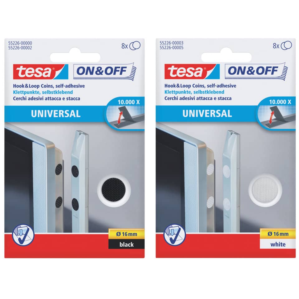 Klettpunkte On & Off Universal, Ø16mm, selbstklebend, 8 Stück, weiß TESA 55226-00003-01
