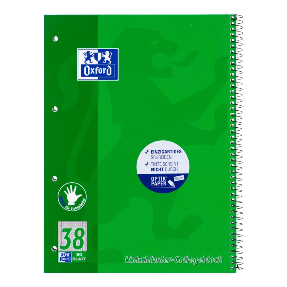 Collegeblock Linkshänder, A4+, 80 Blatt, Lin.38, kariert, grün OXFORD 100050405 OXFORD 100050405 Linksh.