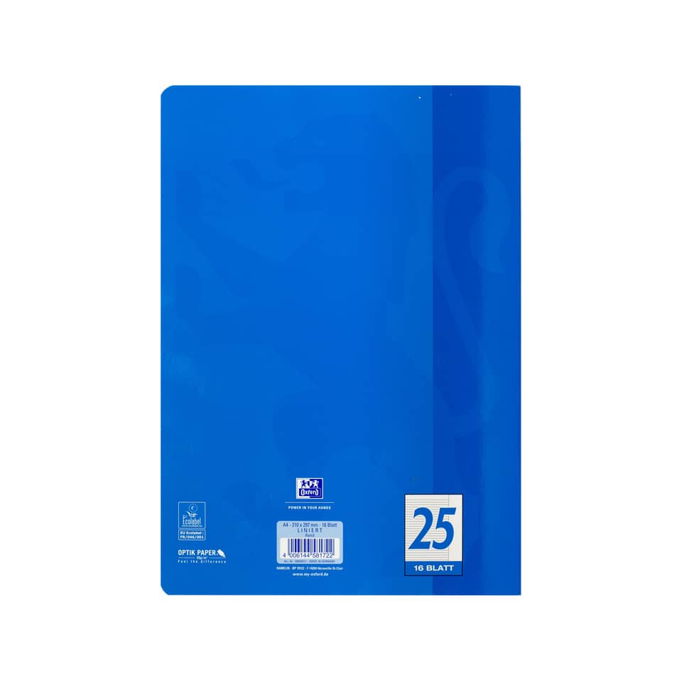 Heft, A4, 90g/m², 16 Blatt, Lin.25, liniert mit Rand, blau OXFORD 100050311
