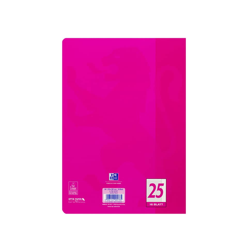 Heft Touch, A4, 90g/m², 16 Blatt, Lin.25, liniert mit Rand, pink OXFORD 400104369