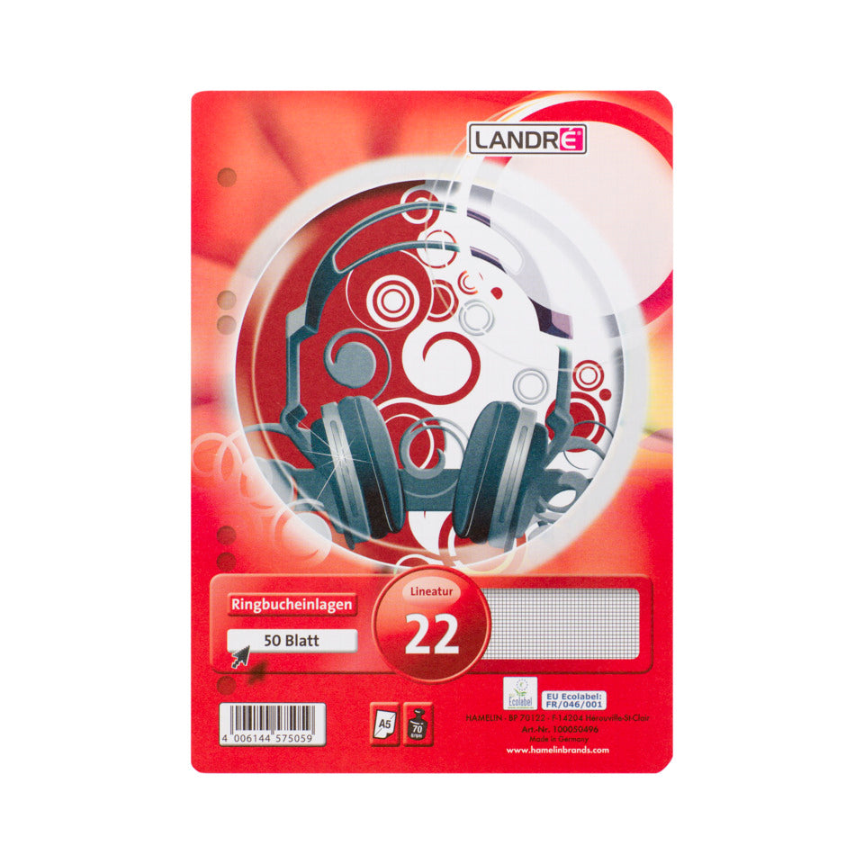 Ringbucheinlage, A5, 70g/m², 50 Blatt, Lin.22, kariert ohne Rand LANDRE 100050496 LANDRÉ 100050496