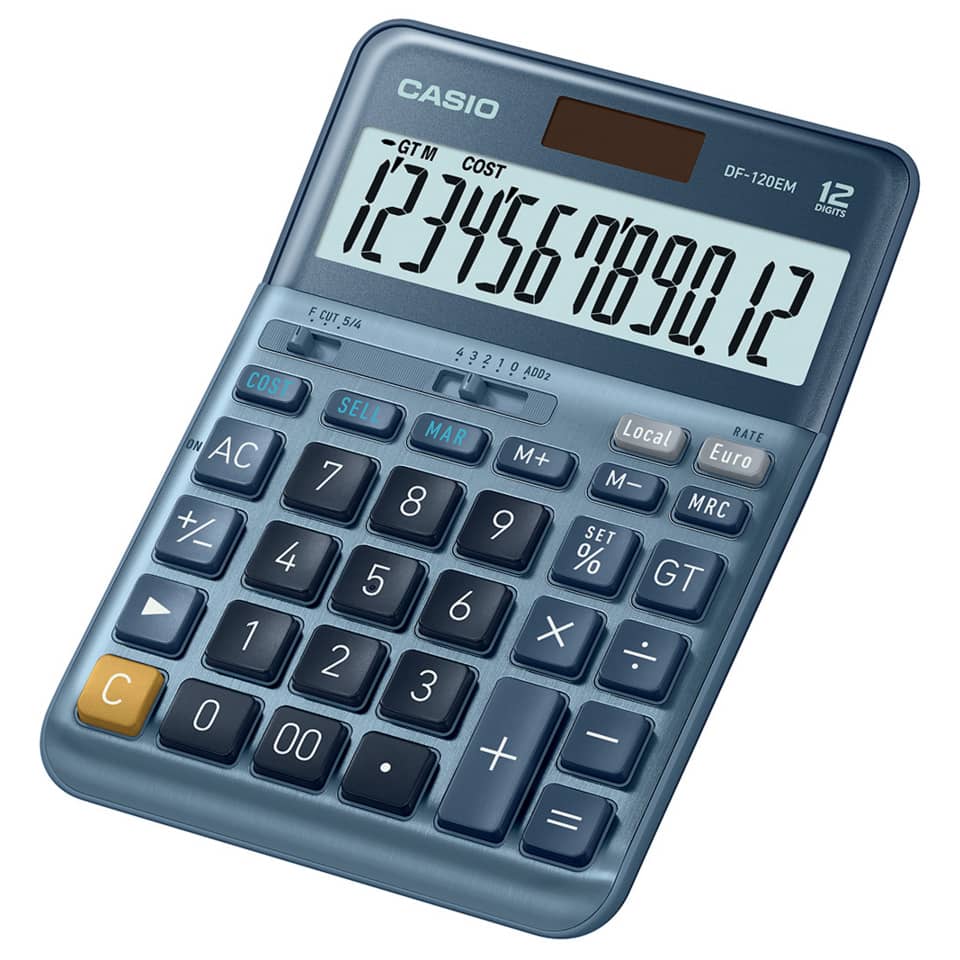 Tischrechner groß, Gewinnberechnung, Währungsumrechnung, 12-stellig, edle Alumimium-Front CASIO DF-120EM CASIO DF-120EM Solar/Batterie 103x147x29