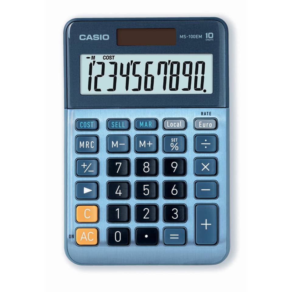 Tischrechner, Gewinnberechnung, Währungsumrechnung, 10-stellig, edle Alumimium-Front CASIO MS-100EM CASIO MS-100EM Solar/Batterie 103x147x29