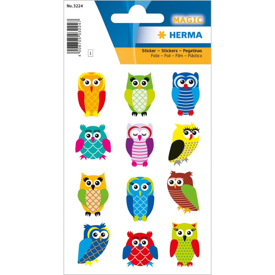 Sticker Eulen, Folie beglimmert, 12 Stück HERMA 3224 HERMA 3224 Magicsticker Folie m. Glimmer