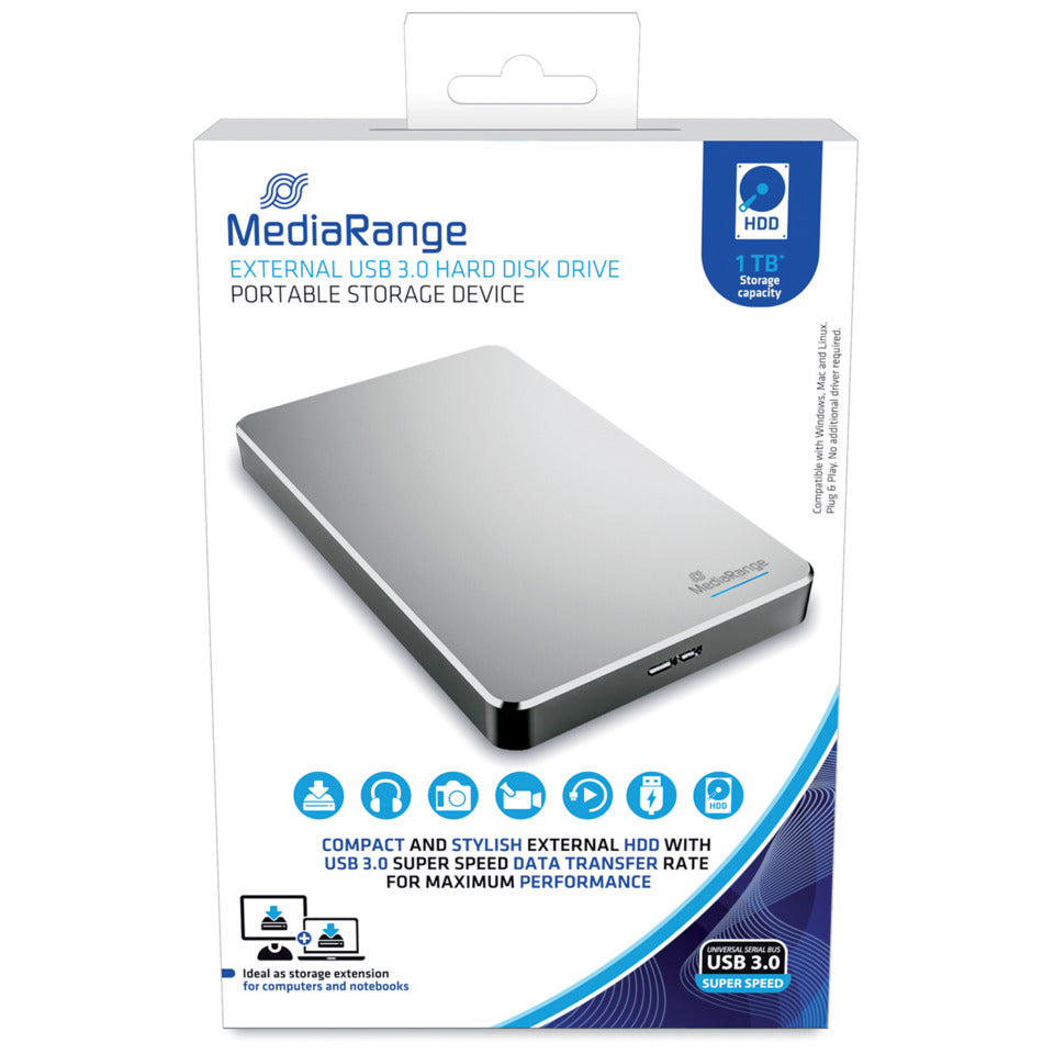 Festplatte extern, 1 TB, HDD, USB 3.0, silber MEDIARANGE MR996