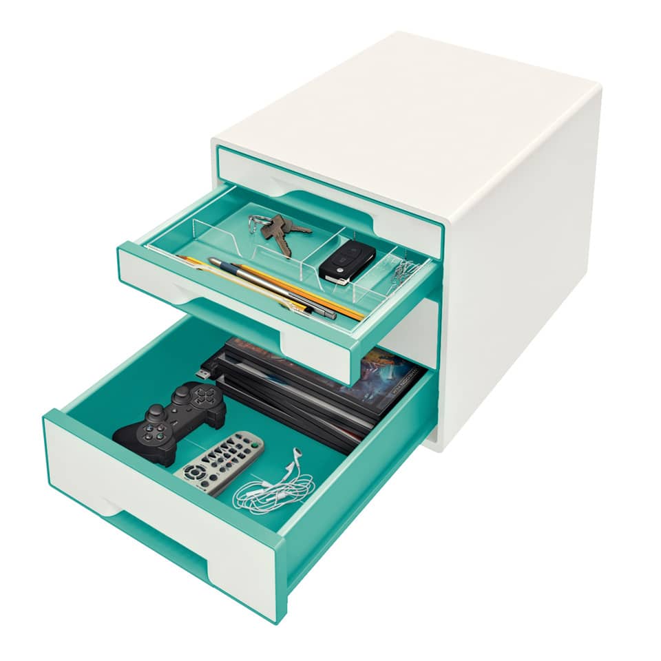 Schubladenbox WOW CUBE, 4 Schubladen, Polystyrol, weiß/eisblau LEITZ 5213-20-51 LEITZ 5213-20-51 4 Schubladen
