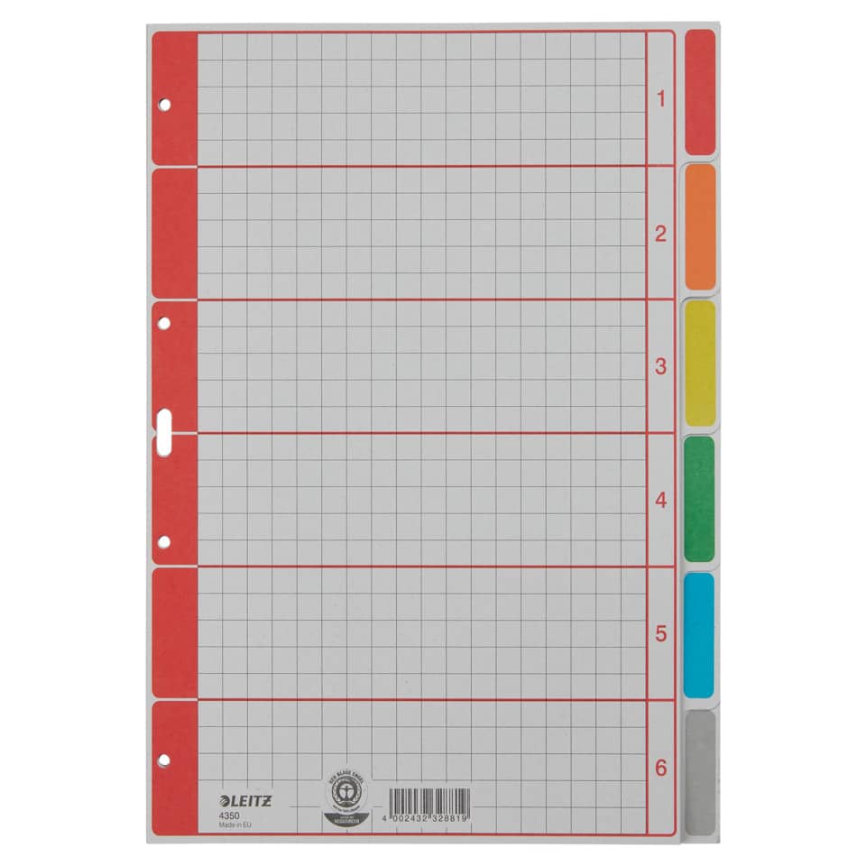 Kartonregister Blanko, A4, Karton, 6 Blatt, grau LEITZ 4350-00-85 LEITZ 43500085 Karton fbg.Tabs
