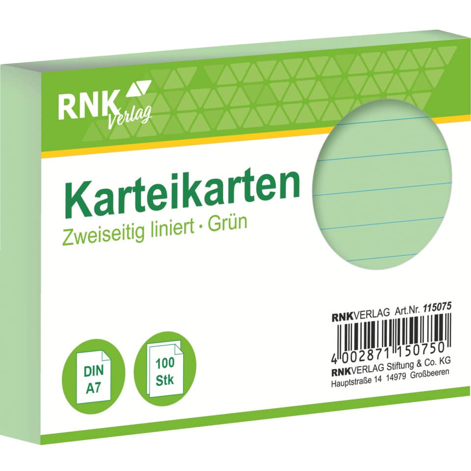 Karteikarte, A7, 170g/m², liniert, 100 Stück, grün RNK 115075 RNK 115075 liniert