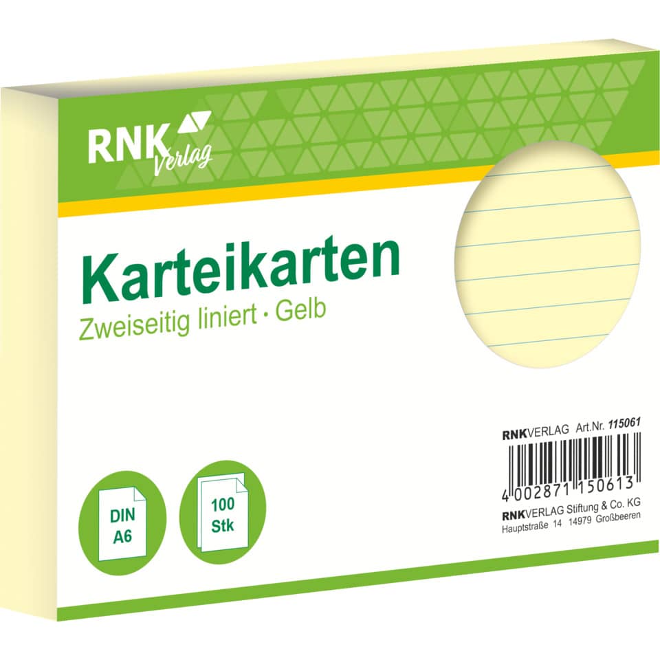 Karteikarte, A6, 170g/m², liniert, 100 Stück, gelb RNK 115061 RNK 115061 liniert