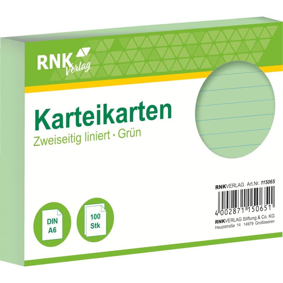 Karteikarte, A6, 170g/m², liniert, 100 Stück, grün RNK 115065 RNK 115065 liniert