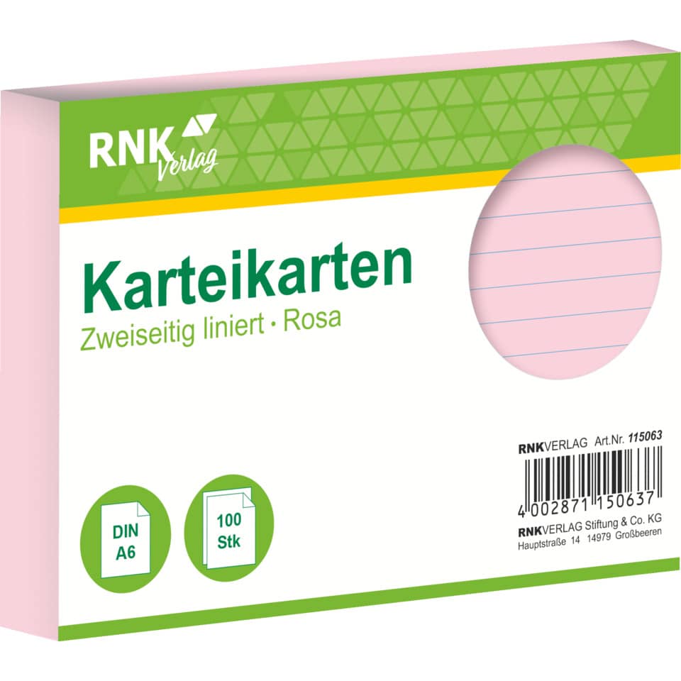 Karteikarte, A6, 170g/m², liniert, 100 Stück, rosa RNK 115063 RNK 115063 liniert