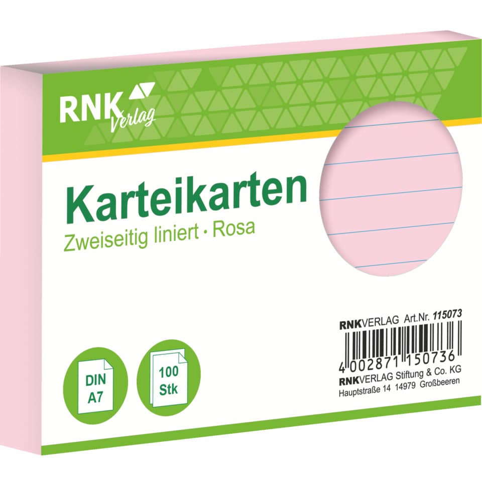 Karteikarte, A7, 170g/m², liniert, 100 Stück, rosa RNK 115073 RNK 115073 liniert