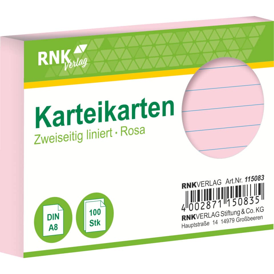 Karteikarte, A8, 170g/m², liniert, 100 Stück, rosa RNK 115083 RNK 115083 liniert