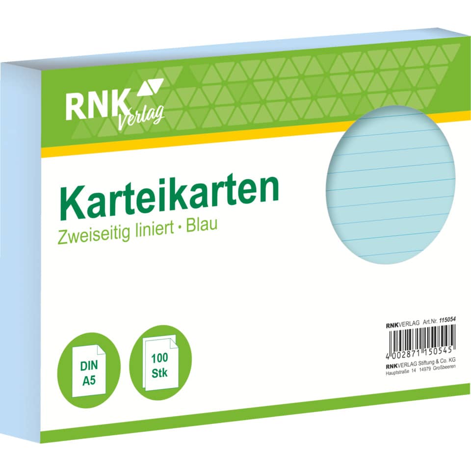 Karteikarte, A5, 170g/m², liniert, 100 Stück, blau RNK 115054 RNK 115054 liniert
