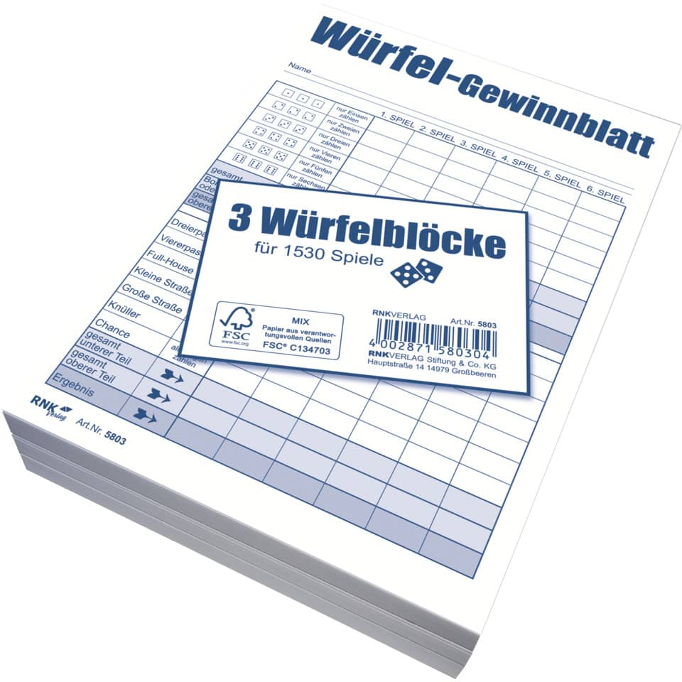 Würfelspiel-Gewinnblatt - Block DIN A6, 3 x 85 Blatt RNK 5803 RNK 5803 für 1530 Spiele PG 3ST