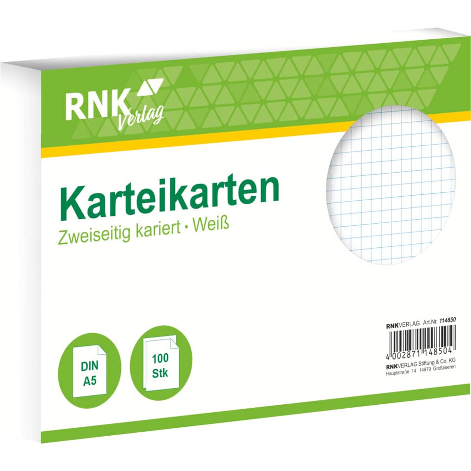 Karteikarte, A5, 170g/m², kariert, 100 Stück, weiß RNK 114850 RNK 114850 kariert