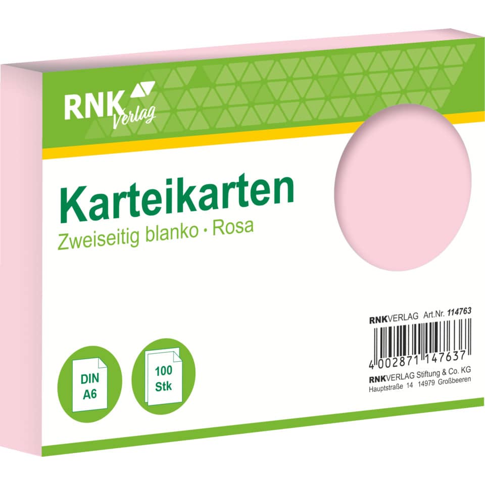 Karteikarte, A6, 170g/m², blanko, 100 Stück, rosa RNK 114763 RNK 114763 blanko