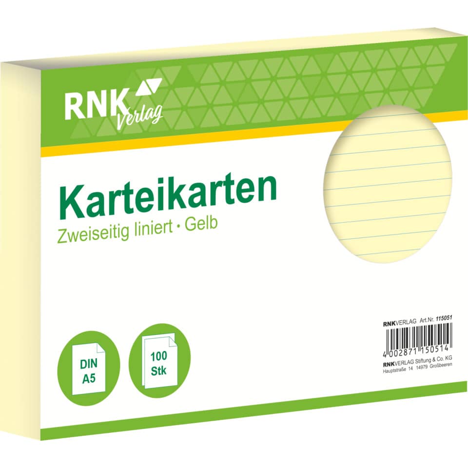 Karteikarte, A5, 170g/m², liniert, 100 Stück, gelb RNK 115051 RNK 115051 liniert