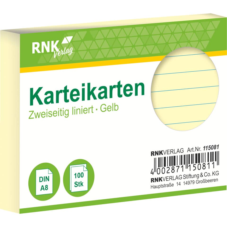Karteikarte, A8, 170g/m², liniert, 100 Stück, gelb RNK 115081 RNK 115081 liniert