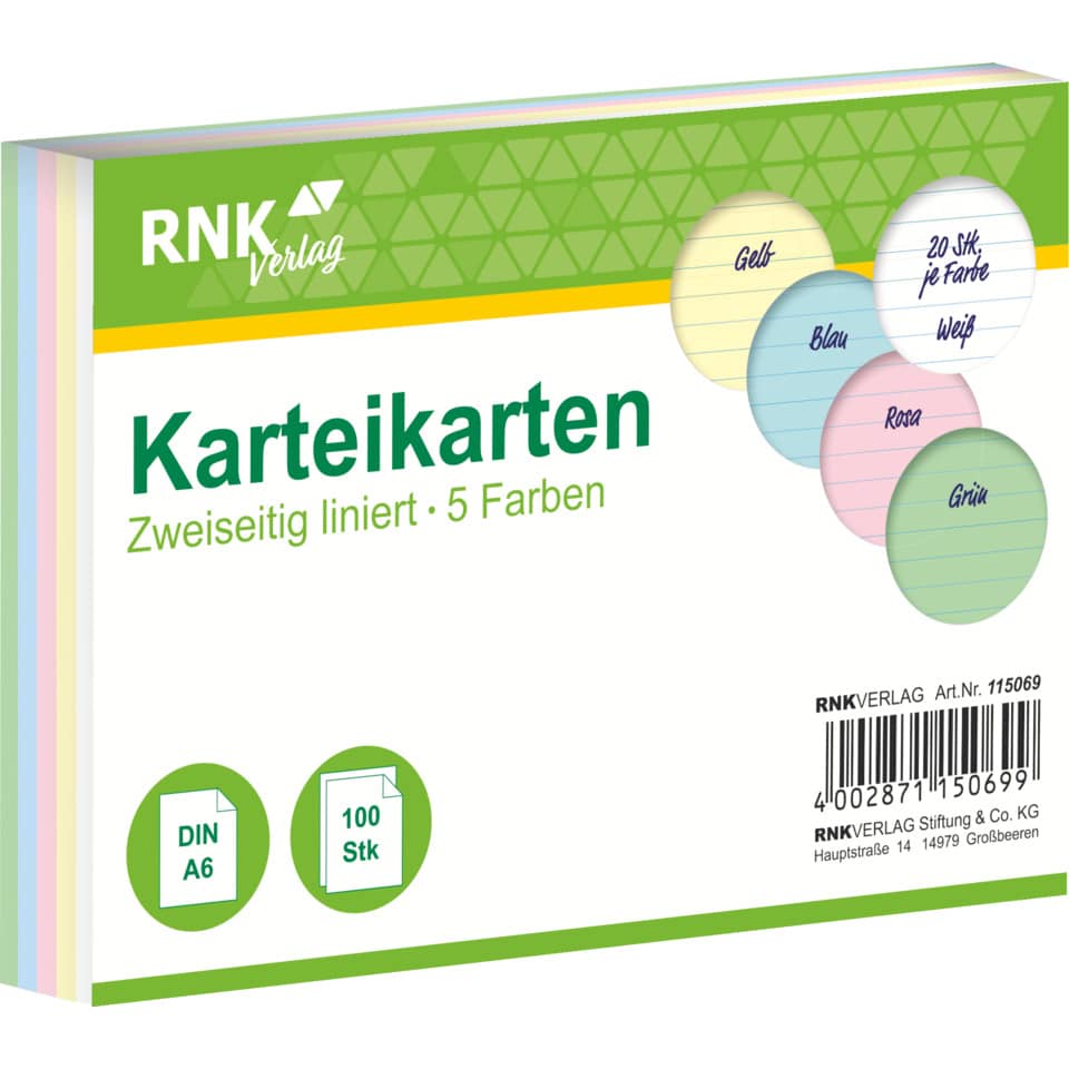 Karteikarte, A6, 170g/m², liniert, 100 Stück, sortiert RNK 115069 RNK 115069 100ST