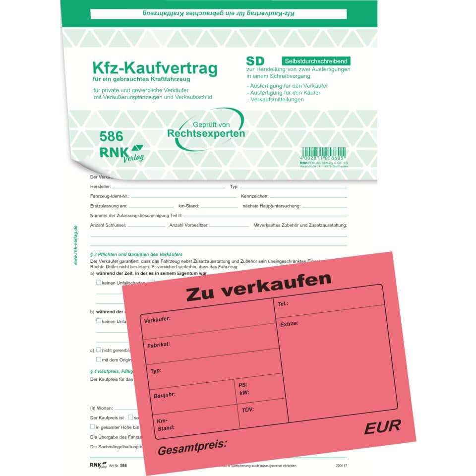 Kaufvertrag für ein gebrauchtes Kraftfahrzeug, SD, DIN A4, 210 x 297 mm, 6 Blatt RNK 586 RNK 586 SD 6Bl