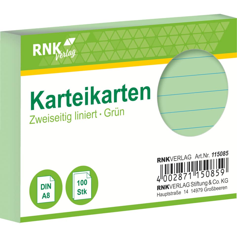 Karteikarte, A8, 170g/m², liniert, 100 Stück, grün RNK 115085 RNK 115085 liniert