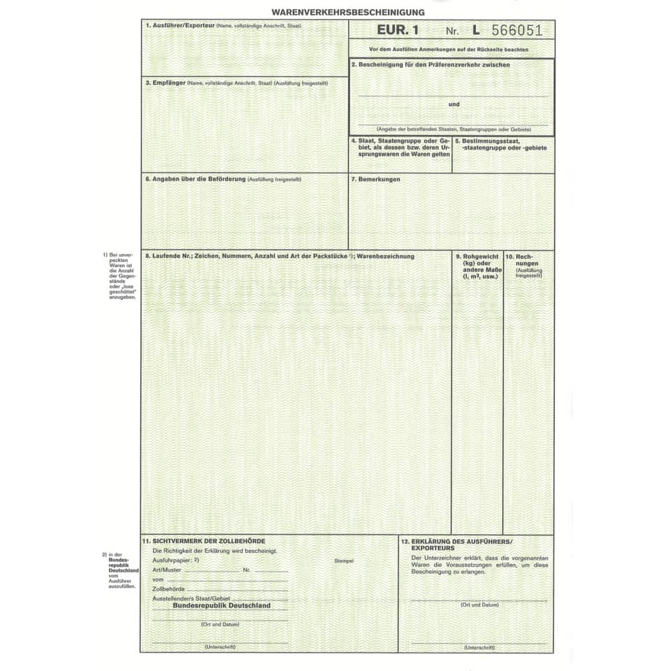 Warenverkehrsbescheinigung EURO 1 - SD, A4, 2-fach RNK 2271