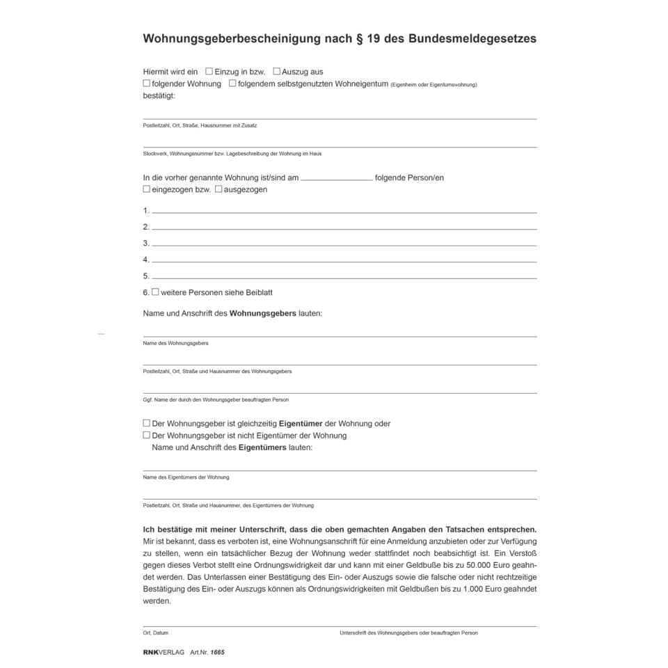 Wohnungsgeberbescheinigung nach § 19 Bundesmeldegesetz (BMG), DIN A4 RNK 1665 RNK 1665  2Seiten