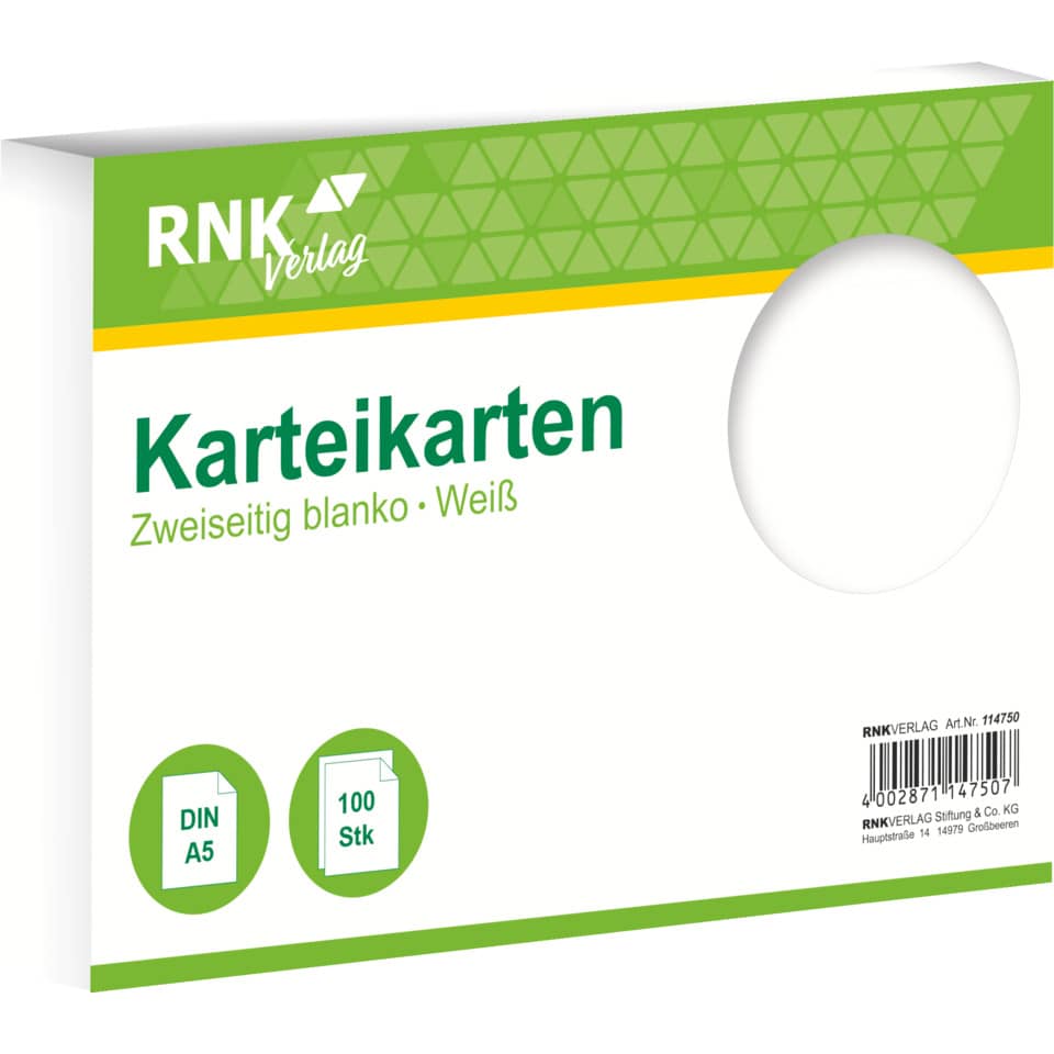 Karteikarte, A5, 170g/m², blanko, 100 Stück, weiß RNK 114750 RNK 114750 blanko