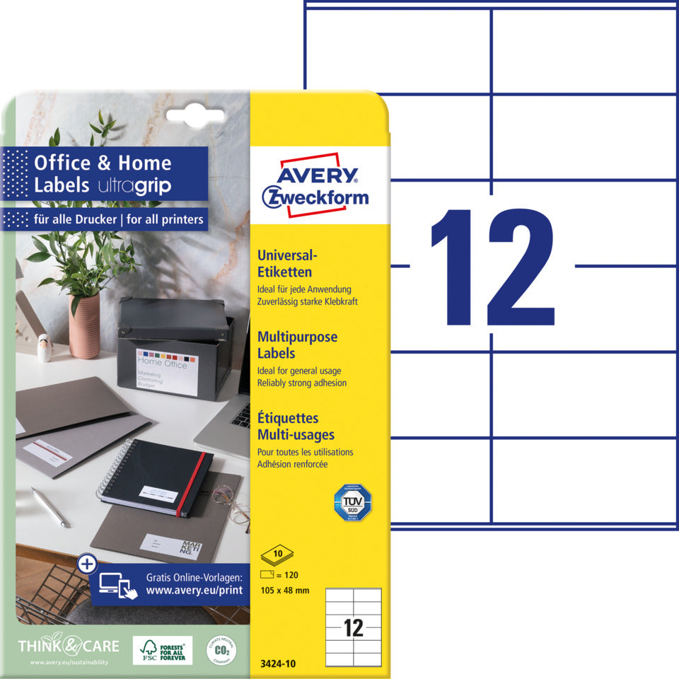 Universaletiketten, 105x48mm, 120 Stück, weiß AVERY ZWECKFORM 3424-10 AVERY ZWECKFORM 3424-10 10 Blatt