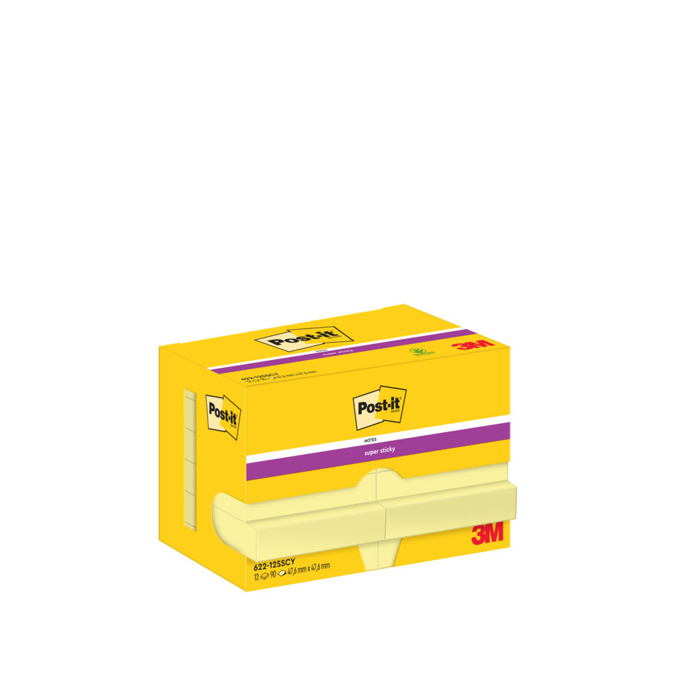 Haftnotizblock Super Sticky Notes, 47,6x47,6mm, 12x90 Blatt, gelb POST-IT 622-12SSCY POST-IT 622-12SSCY 12Bk SuperSticky