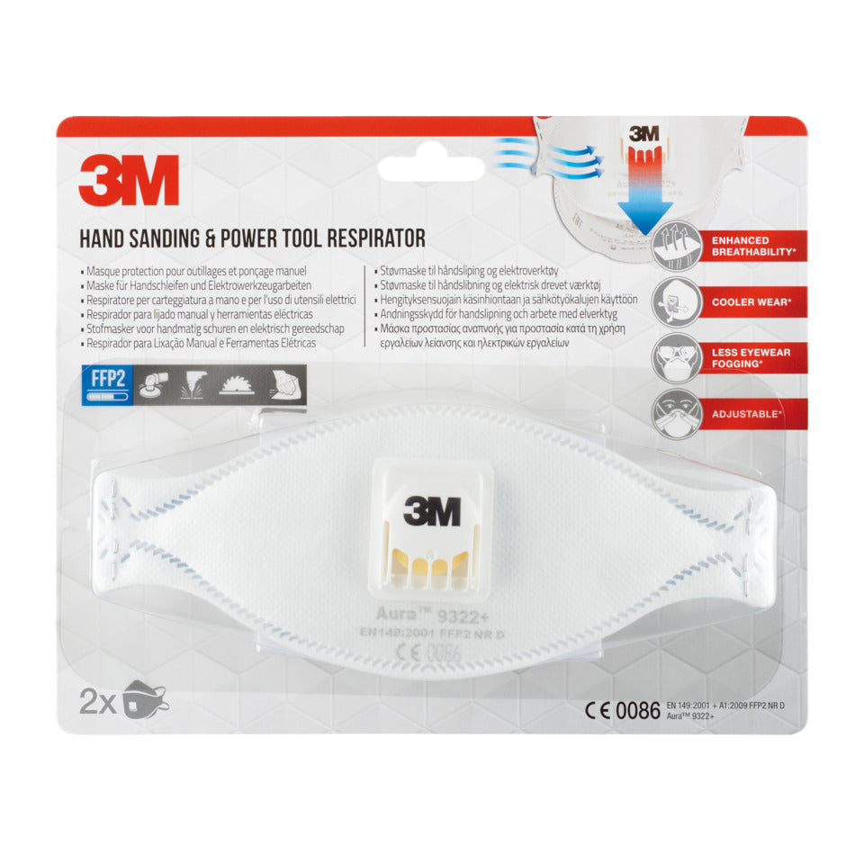 Atemschutzmaske Aura™ Partikelmaske für Elektrowerkzeugarbeiten, FFP2, 2er Pack 3M 9322-2 3M 9322C2