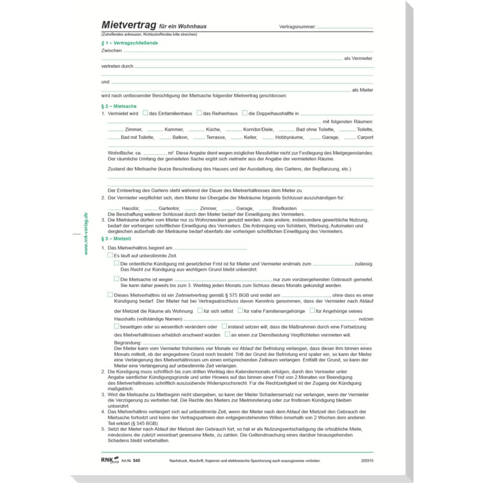 Vertrag für die Vermietung eines Hauses, 8 Seiten, 10 Stück RNK 545/10 RNK 545/10 Haus