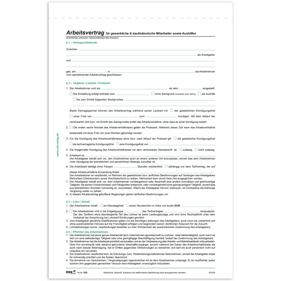 Arbeitsvertrag für gewerbl. & kaufm. Mitarbeiter sowie Aushilfen, A4 RNK 502 RNK 502 gewerbl. + kaufm. Arbeitnehmer