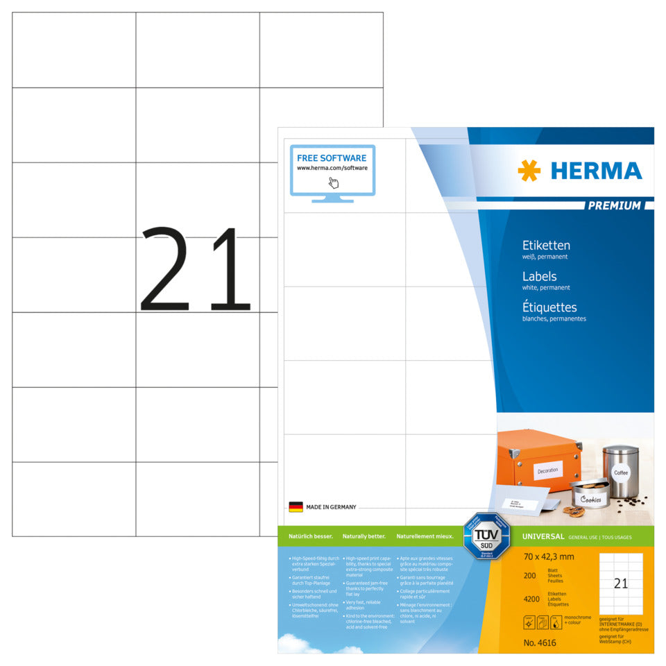 Etiketten Premium permanent, 70x42,3mm, 4200 Stück, weiß HERMA 4616