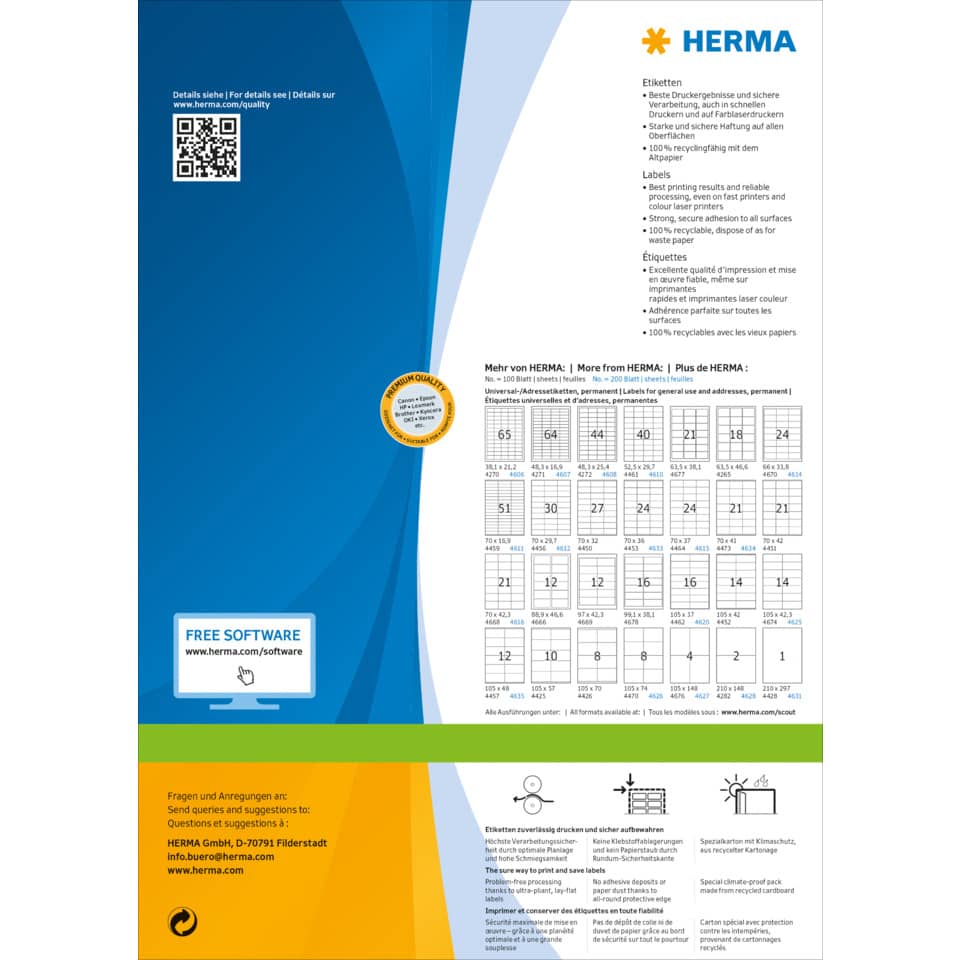 Etiketten Premium permanent, 297x210mm, 200 Stück, weiß HERMA 4631 HERMA 4631  200 Stück permanent haftend