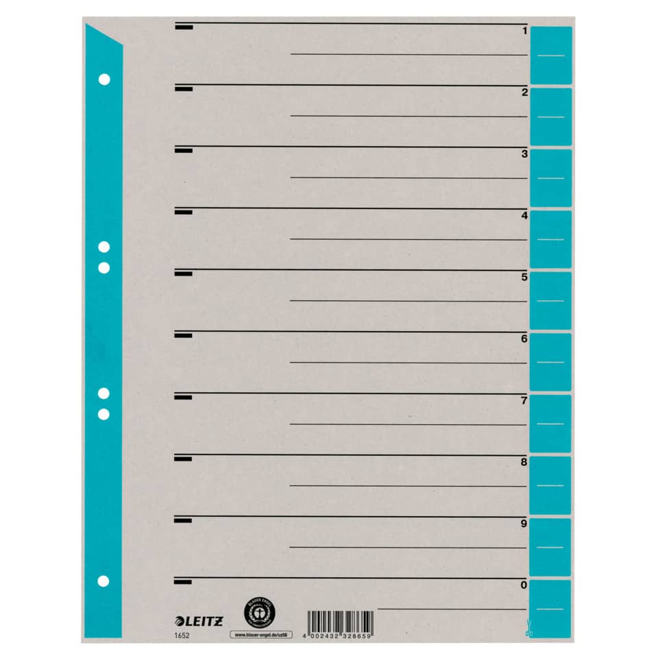 Trennblatt, A4, Karton, farbig bedruckt, hellblau, 100 Stück LEITZ 1652-00-30 LEITZ 1652-00-30 100ST ungeöst