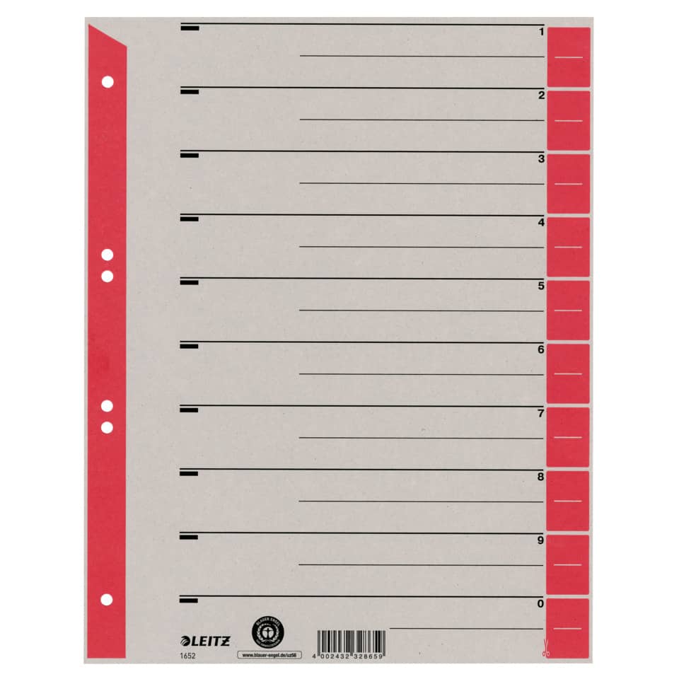 Trennblatt, A4, Karton, farbig bedruckt, rot, 100 Stück LEITZ 1652-00-25 LEITZ 1652-00-25 100ST ungeöst