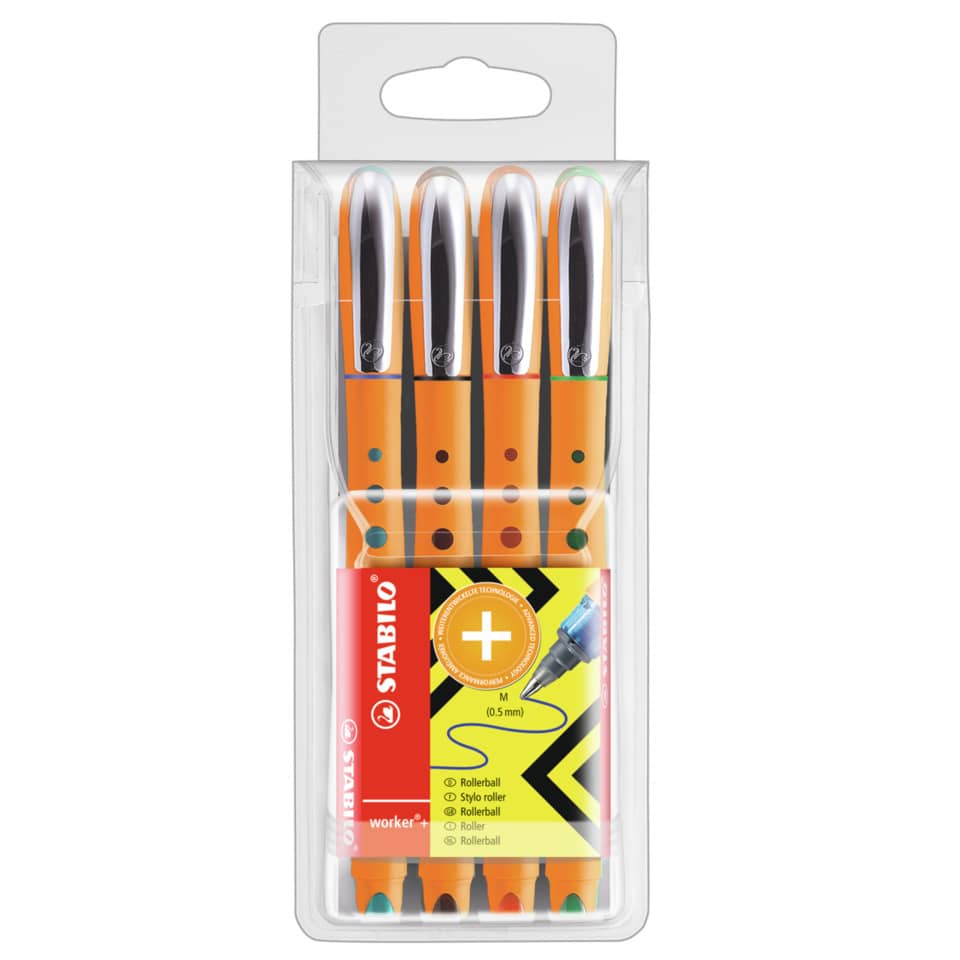 Tintenroller worker®+ medium, 0,5 mm, Kunststoffetui mit 4 Stiften STABILO 2018/4 STABILO Bionic 2018/4