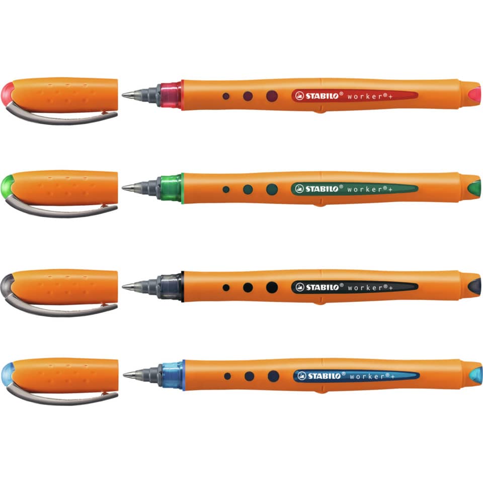 Tintenroller worker®+ medium, 0,5 mm, Kunststoffetui mit 4 Stiften STABILO 2018/4 STABILO Bionic 2018/4