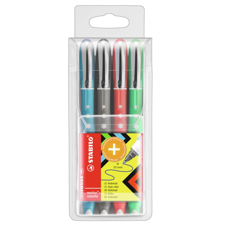 Tintenroller worker®+ colorful, 0,5 mm, Kunststoffetui mit 4 Stiften STABILO 2019/4 STABILO 2019/4  0,5 mm