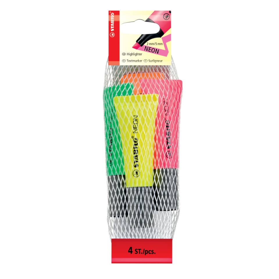 Textmarker Neon, sortiert, Netz mit 4 Stiften STABILO 72/4-1