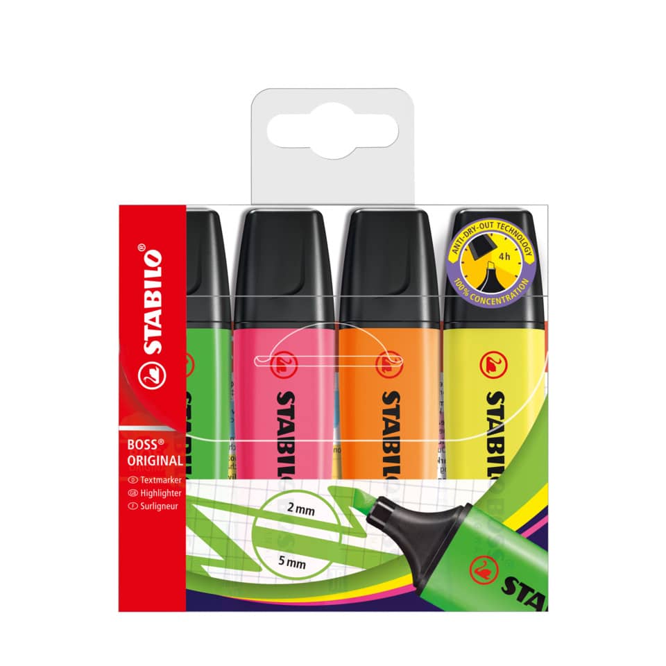 Textmarker BOSS® ORIGINAL, 2-5mm, 4 Stück, sortiert STABILO 70/4 STABILO 70/4 Blister