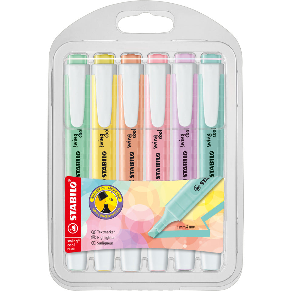 Textmarker swing® cool Pastel, 1-4mm, Etui mit 6 Stiften STABILO 275/6-08 STABILO 275/6-08 Swing Cool Pastel