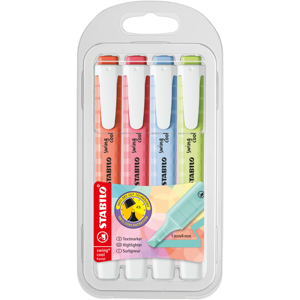 Textmarker swing® cool Pastel, Etui mit 4 Stiften STABILO 275/4-08-1 STABILO 275/4-08-1 Pastellfarben