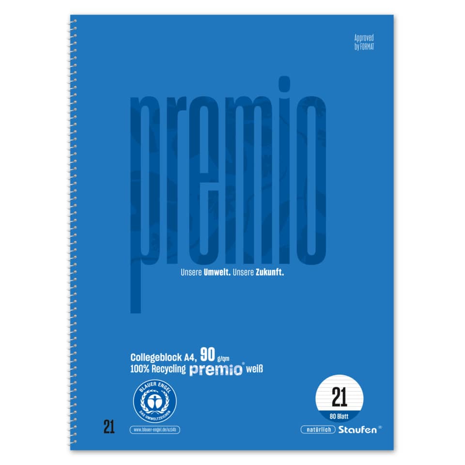 Collegeblock Premio, 90 g/qm, DIN A4, 9mm liniert, 80 Blatt STAUFEN PREMIO 040835021