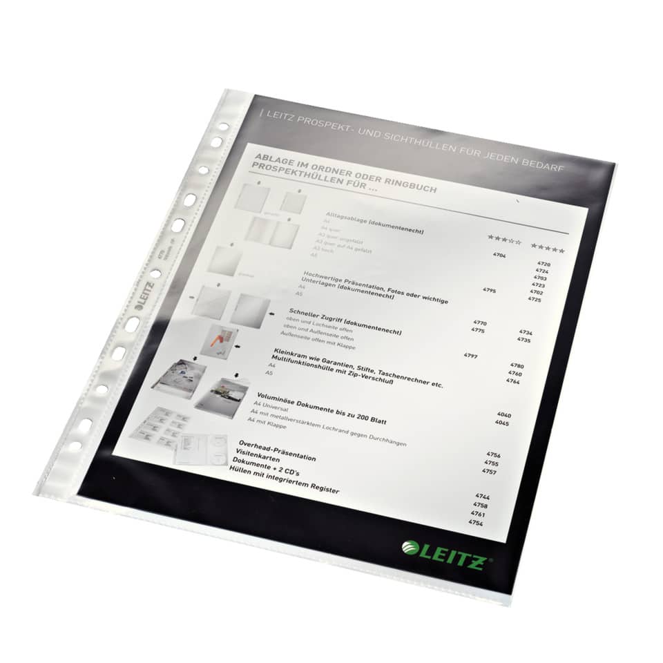 Prospekthülle Standard, A4, PP, dokumentenecht, glasklar, 100 Stück LEITZ 4770-00-02 LEITZ 4770-00-02 100Stück