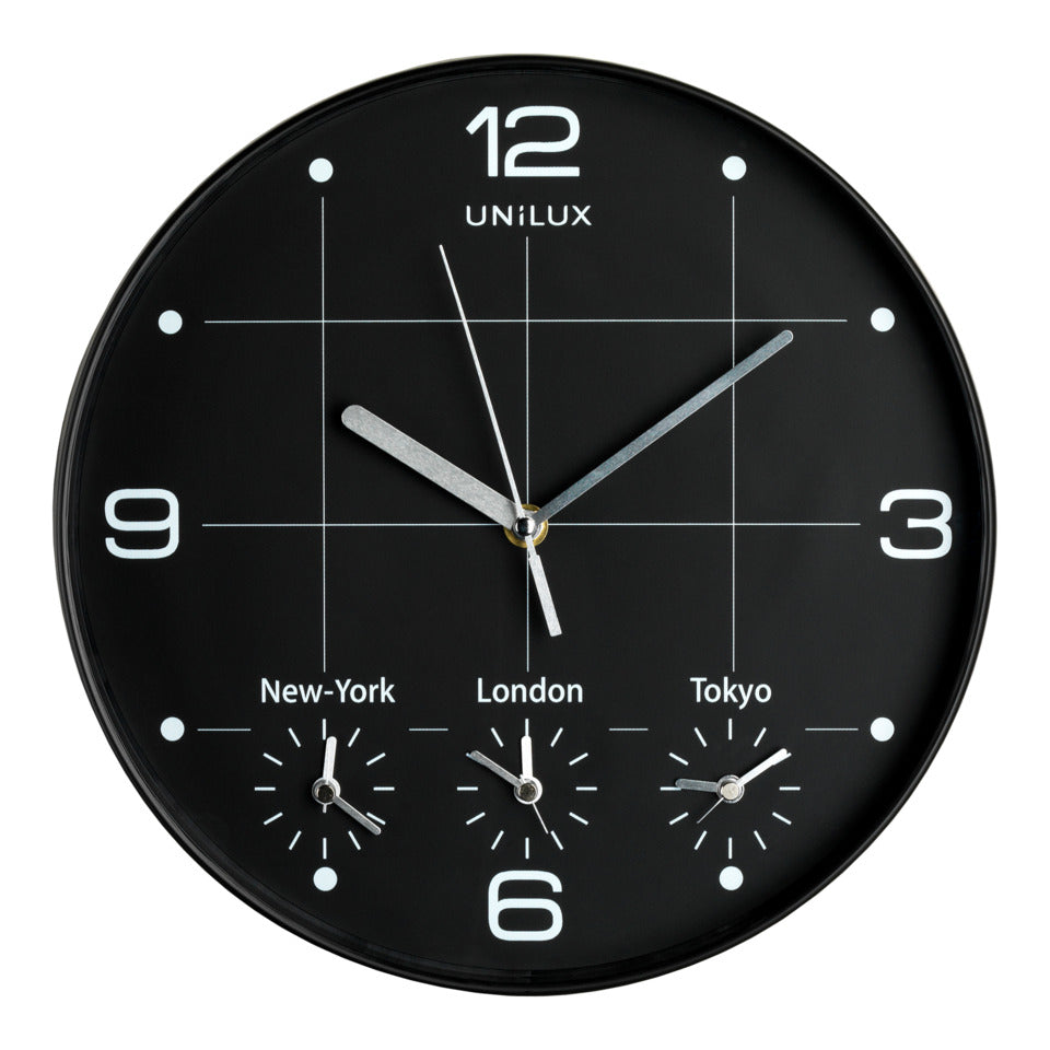 Wanduhr ON TIME schwarz für 4 Zeitzonen Ø 30,5 cm UNILUX 400094567