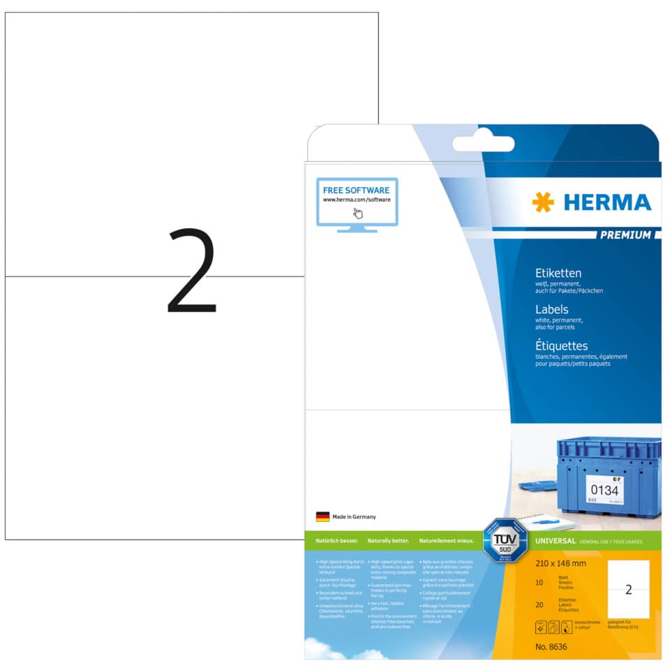 Etiketten Premium permanent, 210x148mm, 20 Stück, weiß HERMA 8636 HERMA 8636  20 Stück permanent haftend