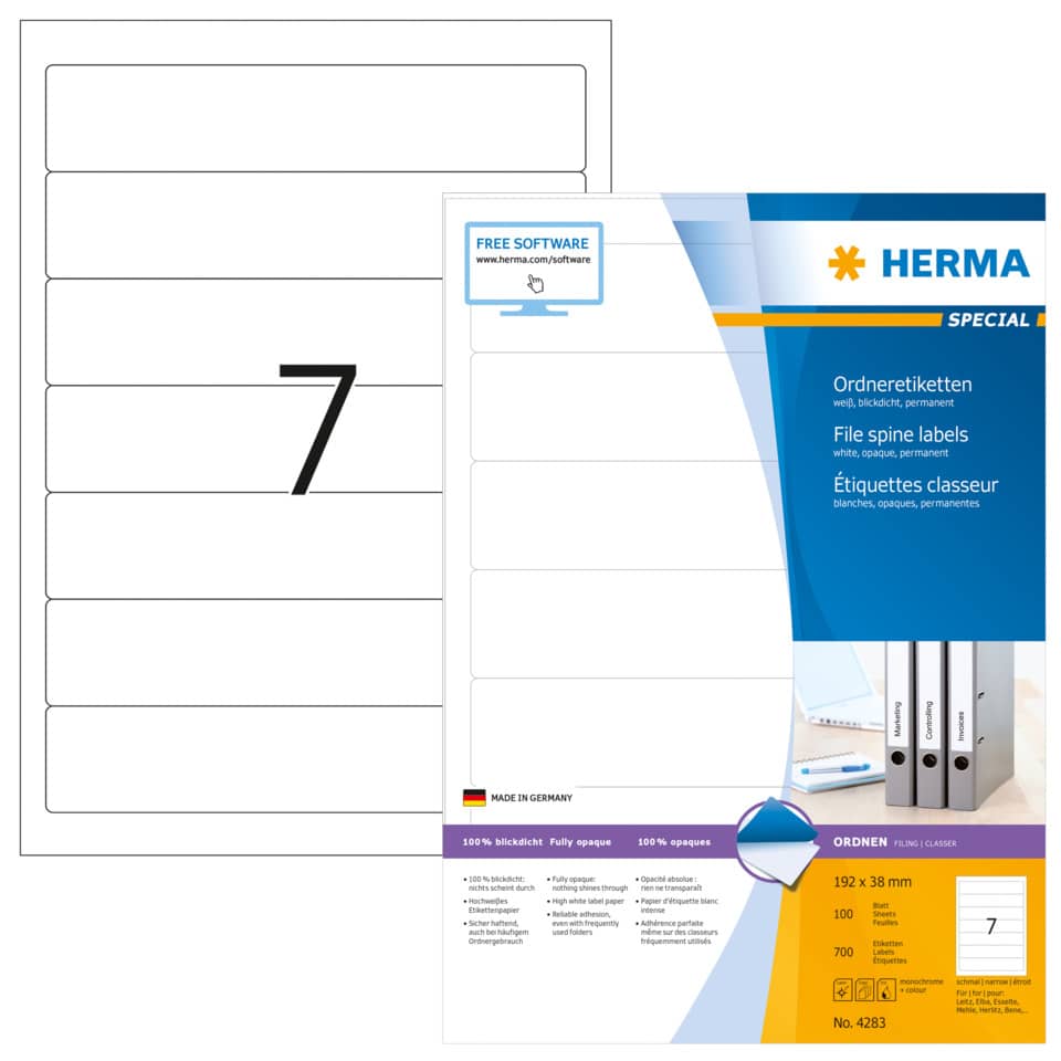 Ordnerrückenschild permanent, 38 x 192 mm, schmal/kurz, 700 Stück, weiß HERMA 4283 HERMA 4283 schmal/kurz permanent haftend